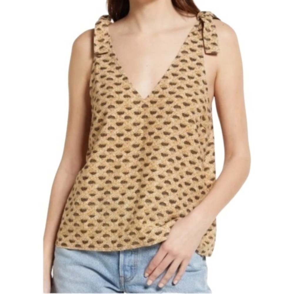 Treasure & Bond ✘ Tie Shoulder Deep V-Neck Linen Blend Allover Print Tank Top XS